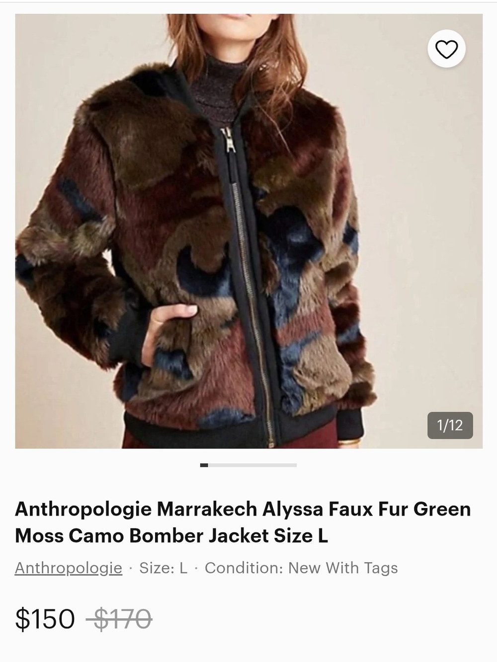 Anthropologie Faux Fur Bomber Jacket in Brown, Olive & Navy Camo